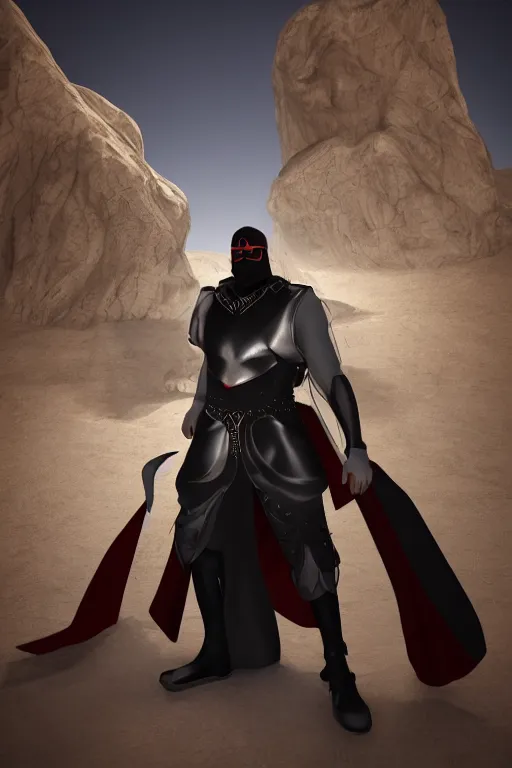 Image similar to Bedouin arab superhero, black vest, intimidating full body armor, Arabian sword, beard, nighttime, cinematic lighting first person view