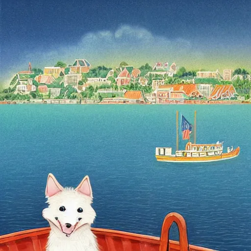 Image similar to a masterpiece detailed illustration of a very cute dog on a boat. the scene is detailed and beautiful, and combines the style of michael foreman, gyo fujikawa, and jane clarke.