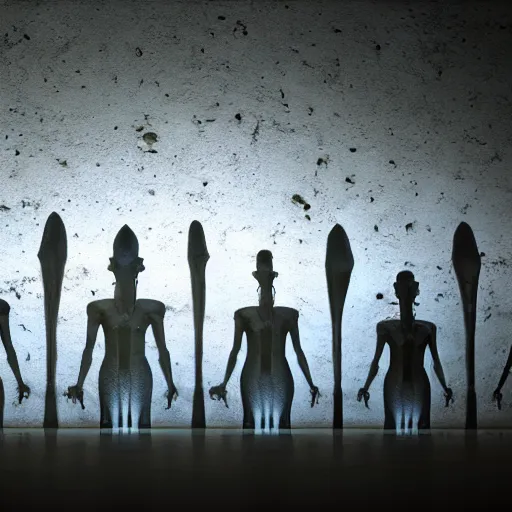 Prompt: realistic render of a group of aliens in front of hieroglyphs on a wall, cinematic lighting