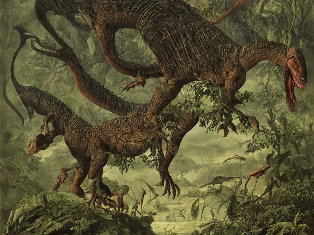 Image similar to Mutant dinosaur trapped in a ravine. Painting by Luigi Serafini, Walton Ford, Audubon