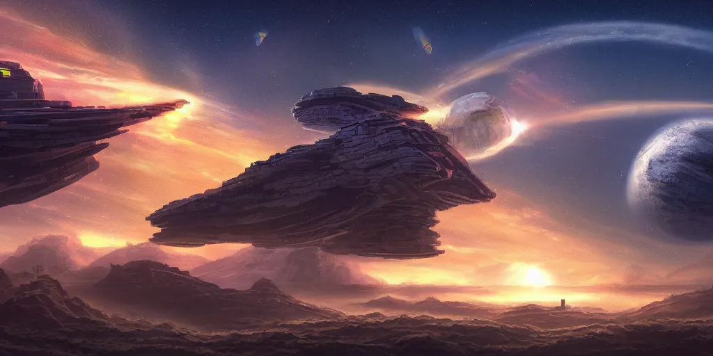 Prompt: pixel art huge sci - fi space ship flies over on an alien planet, sci - fi, really big ship, giant ship, massive, two suns in the sky, sunset, strange rock formations, rolling hills, atmospheric, misty, artstation, deviantart