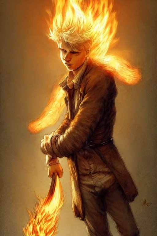 Image similar to character art by jean - baptiste monge, young man, blonde hair, on fire, fire powers