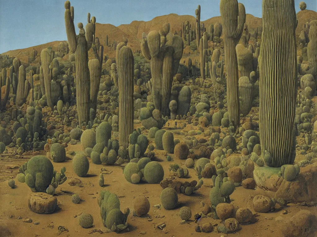 Prompt: a beautiful landscape with alien nature and a futuristic brutalist monument, giant ceramic basin sculpted river. Alien, selenar, crater landscape with cacti. Painting by Georges de la Tour, Alex Colville, Balthus