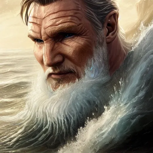 Image similar to poseidon, liam neeson, god of the ocean, d & d, fantasy, portrait, highly detailed, digital painting, trending on artstation, concept art, sharp focus, illustration, art by artgerm and greg rutkowski and magali villeneuve