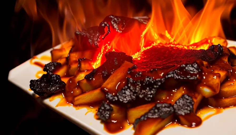 Image similar to poutine from mount doom, lava texture, fire texture, volcano texture, smoke texture, char texture