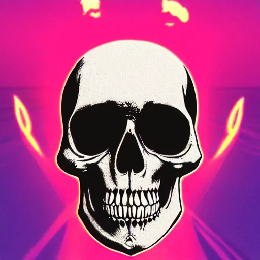 Prompt: white skull hovering over a pink ocean witha a purple sky, synthwave vaporwave