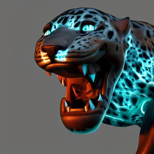 Prompt: jaguar sculpture with glowing blue eyes, octane render