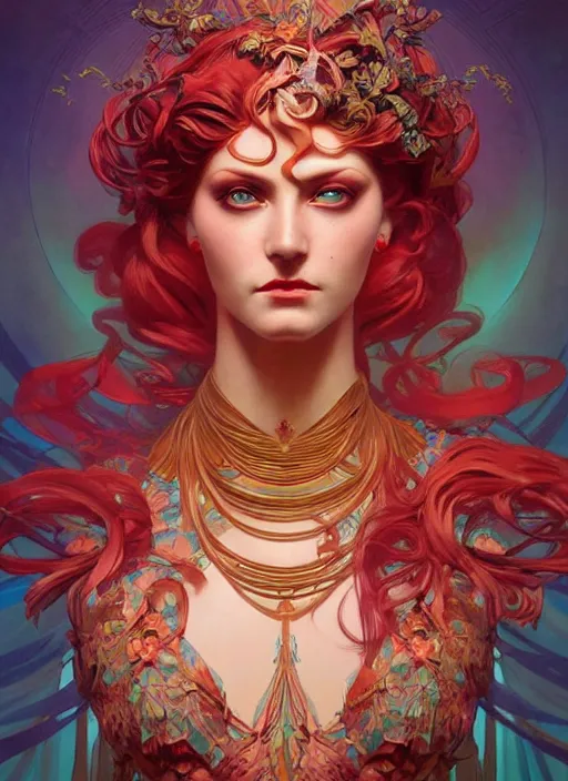 Prompt: the goddess hera looking angry, paper dress, volumetric lights, red and cyan theme, art nouveau botanicals, intricate, highly detailed, digital painting, artstation, concept art, smooth, sharp focus, symmetric face, illustration, art by artgerm and greg rutkowski and alphonse mucha