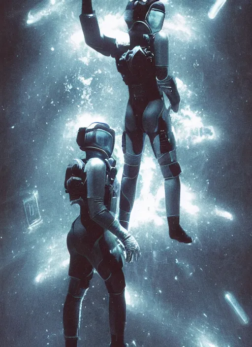 Image similar to astronauts in dark and empty void underwater - complex and hyperdetailed technical suit. reflection and dispersion materials. rays and dispersion of light. volumetric light. 5 0 mm, f / 3 2. noise film photo. flash photography. ultra realistic, wide angle. poster by wayne barlowe, hajime sorayama aaron horkey, craig mullins