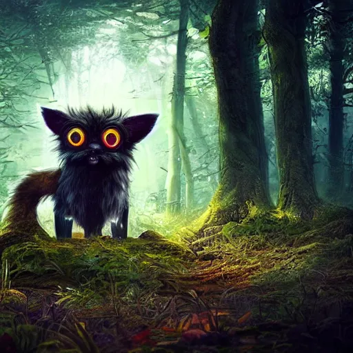 Image similar to a cute furry creature with long ears standing in a forest, big glowing eyes, fantasy, michael kutsche, concept render, cinematic lighting