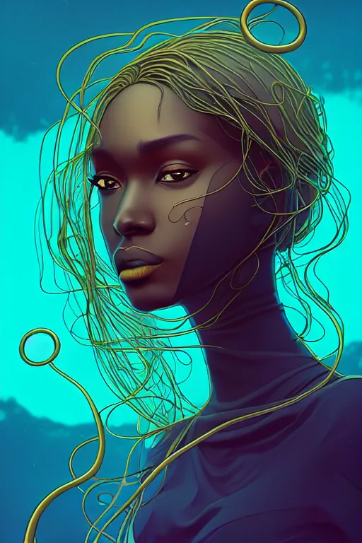 Image similar to 👁👩🏾🌊👾, phantom, dreary, dramatic, fluid, golden ratio, artstation, moebius + loish, hd, long vines,