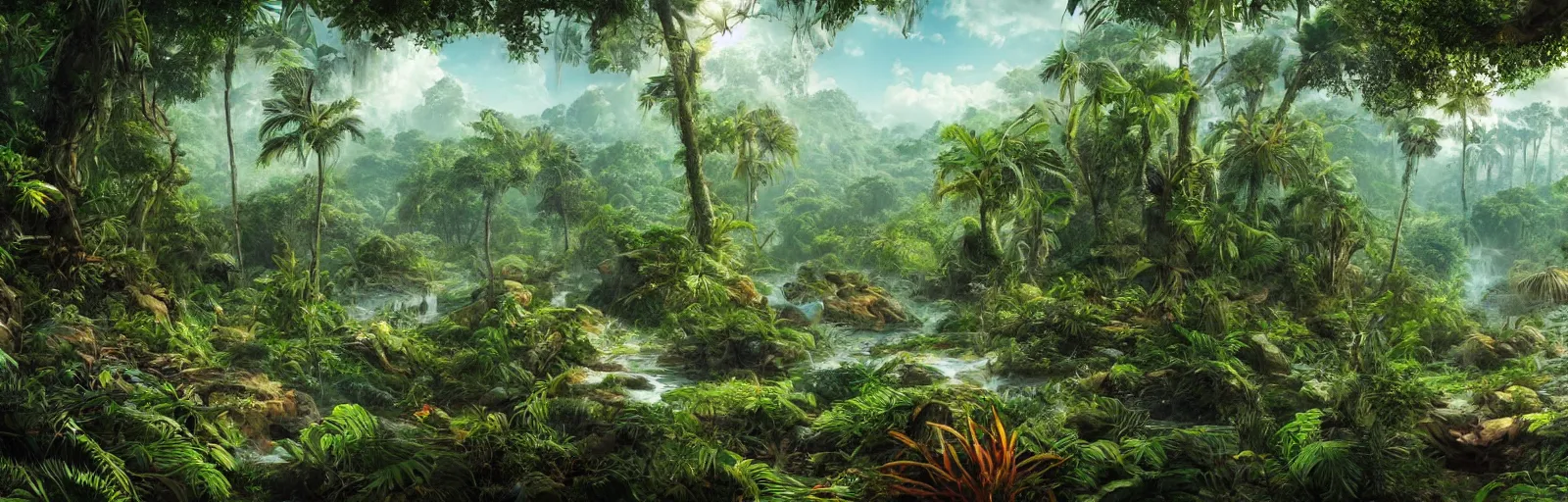 Image similar to painting of a jungle scene on an alien planet by vincent bons. ultra sharp high quality digital render. detailed. beautiful landscape. weird vegetation. water.