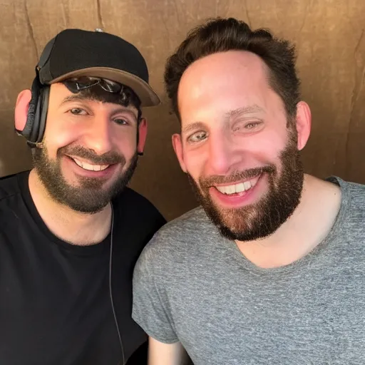 Image similar to radio hosts david brody and skeery jones the brooklyn boys podcast real life, 8 k, 4 k uhd, realistic, hyper realistic, super detailed, very detailed, detailed