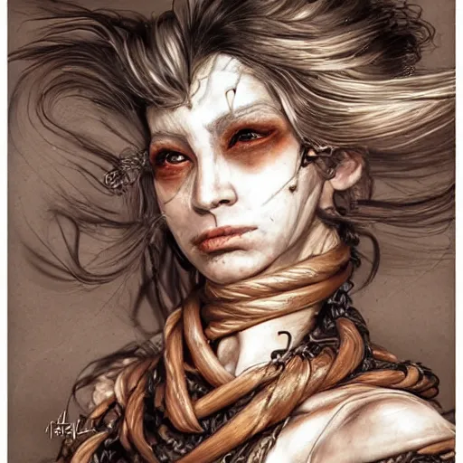 Image similar to portrait of a Shibari rope wrapped face and neck, headshot, insanely nice professional hair style, dramatic hair color, digital painting, of a old 15th century, old cyborg merchant, amber jewels, baroque, ornate clothing, scifi, realistic, hyperdetailed, chiaroscuro, concept art, art by Franz Hals and Jon Foster and Ayami Kojima and Amano and Karol Bak,