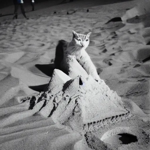 Image similar to a photo of cat making a sand castle on the beach, cinestill, 8 0 0 t, 3 5 mm, full - hd