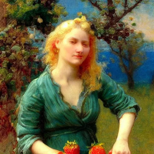 Prompt: A beautiful Blonde Woman with Locks selling strawberries in the style of Jean-Joseph Benjamin-Constant, Portrait