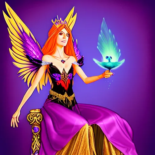 Prompt: Half Fey Princess sorceress with red flaming bird wings on her back and sitting on an ornate throne dressed in a fancy purple dress, Fantasy, Full Portrait, High detail, realistic, planeswalker