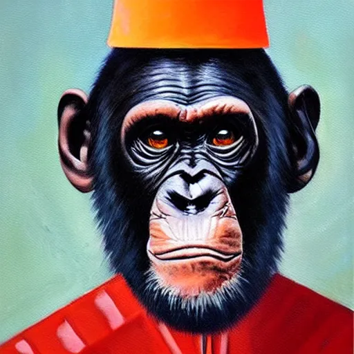 Image similar to An exquisite oil painting of a chimpanzee dressed like Prince Philip with a traffic cone on his head