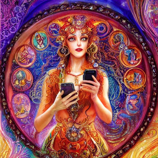 Image similar to a zodiac goddess checking her cell phone by senior concept artist josephine wall, acrylic on canvas, intricately detailed, high resolution trending on artstation