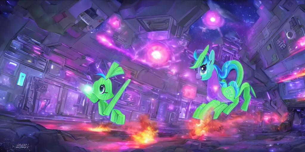 Image similar to a borg cube firing upon the my little pony world, highly detailed digital painting