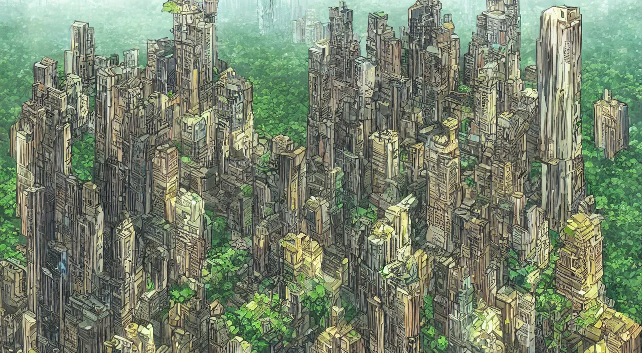 Image similar to wood fortress greeble block amazon jungle accadamy of tower cristal a spectacular view cinematic comic book illustration, by john kirby