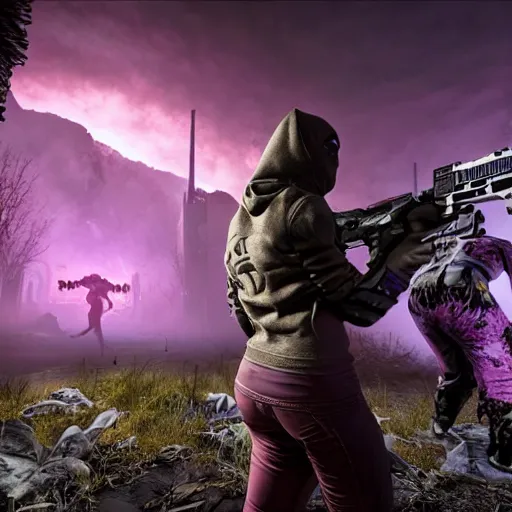 Image similar to apocalyptic world, doom game like look, female in hoodie in the middle, purple hair, shooting the monsters, 8 k, photorealistic, hyper realistic, full detail