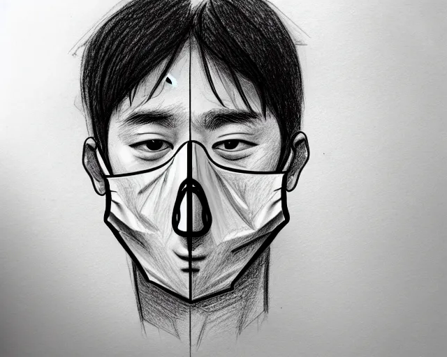 Image similar to draft drawing of a european man covering her face with mask, a sketch by choro choi, thin stroke, trending on artstation, context art, pencil sketch, high detail