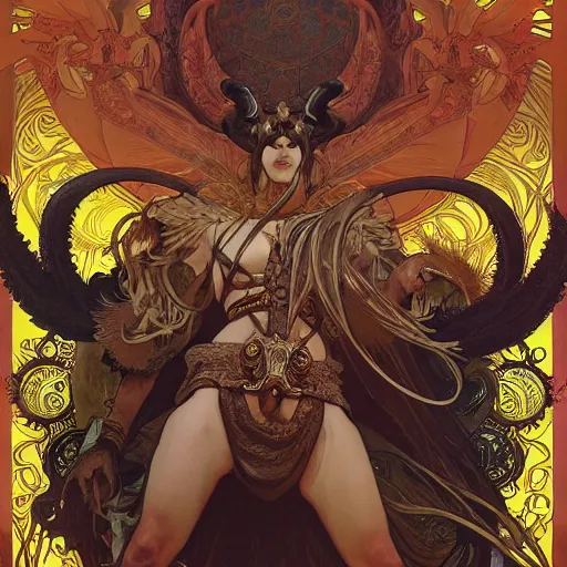 Image similar to beautiful baphomet king, left hand up, right hand down, ad above so below, with wings and tentacles worshiping, artstation by alphonso mucha and jean giraud and craig mullins and ian mccaig and feng zhu and peter mohrbacher