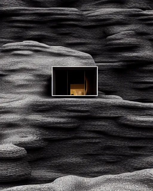 Image similar to tall black geometric house, embedded in lava cliff, full view, black house, molten metal house, minimal, rippled white landscape, dwarven architecture, light from molten iron, octane render, hyper realistic, 8 k, octane render