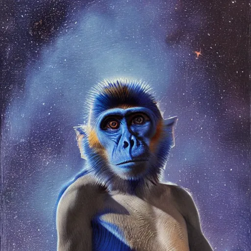 Prompt: blue monkey lying on his back looking up at the stars, oil on canvas, intricate, 8 k highly professionally detailed, hdr, cgsociety