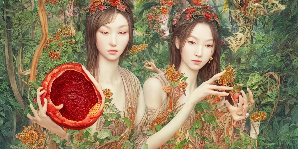 Image similar to breathtaking detailed concept art painting of the goddess of rafflesia arnoldii flowers, orthodox saint, with anxious, piercing eyes, ornate background, amalgamation of leaves and flowers, by Hsiao-Ron Cheng, James jean, Miho Hirano, Hayao Miyazaki, extremely moody lighting, 8K