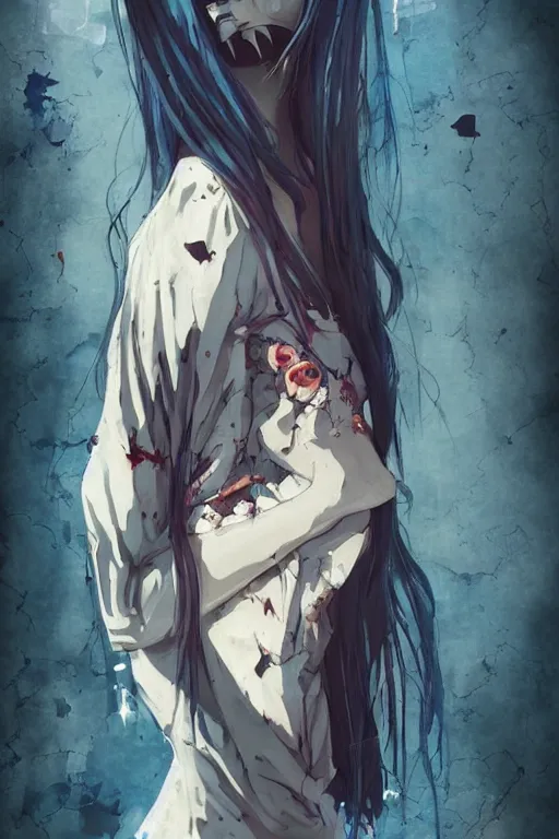 Prompt: urban school zombie girl in tattered clothes screaming fanart ,dark blue long hair, muted colors, matte print, pastel colors, ornate, digital art, cute smile, digital painting, fan art, elegant, pixiv, by Ilya Kuvshinov, by Studio Ghibli