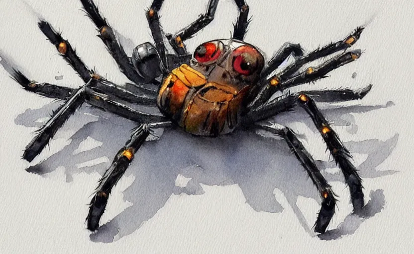 Prompt: concept art of a spider in robot, pinterest, artstation trending, behance, watercolor, by coby whitmore, silver, laser light,