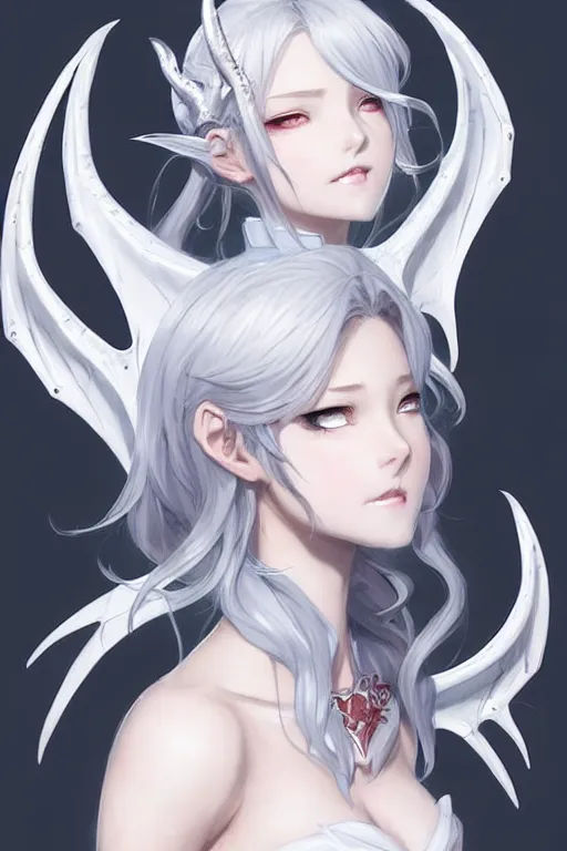 Image similar to character concept art of a woman with ice dragon horns and wings | | very anime, dragon scales, cute - fine - face, pretty face, realistic shaded perfect face, fine details by stanley artgerm lau, wlop, rossdraws, james jean, andrei riabovitchev, marc simonetti, and sakimichan, tranding on artstation