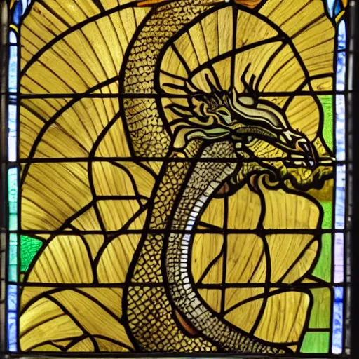 Prompt: side - view portrait of the head of a golden dragon, 1 0 th century stained glass window, masterful