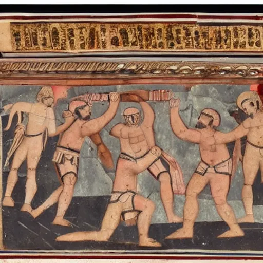 Prompt: a scan of an ancient piece of art on parchment depicting a still of a wwe match