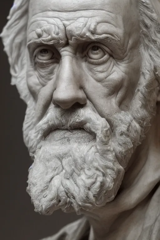 Prompt: a portrait of an old man with a solemn look and deep expression in his eyes, marble sculpture, highly detailed, strong lighting, cinematic, HD, 4K