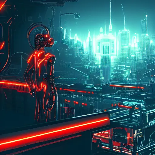 Image similar to character with short white hair who is half machine, robotic arm, overlooking city, neonpunk, dystopian, scifi, intricate, detailed red lighting, digital art, trending on artstation