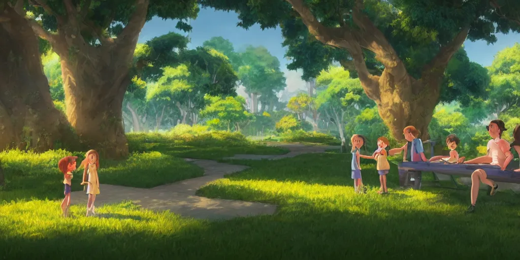 Image similar to wholesome illustration of a family of lemons enjoying a day at the park, Studio Ghibli, Pixar and Disney animation, sharp, Rendered in Unreal Engine 5, art by Greg Rutkowski, Bloom, dramatic lighting, sunny day