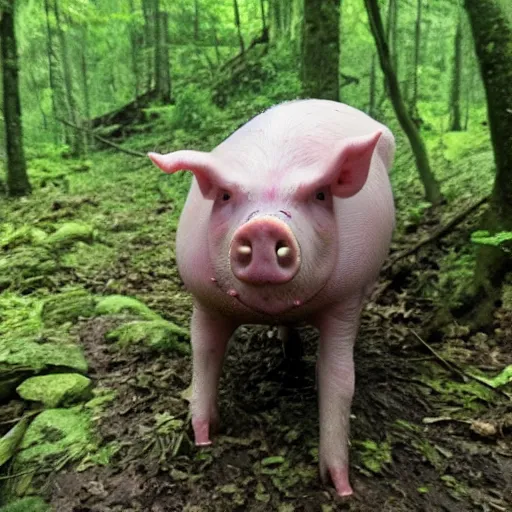 Prompt: gollum with body of a pig, rainy forest , trail cam