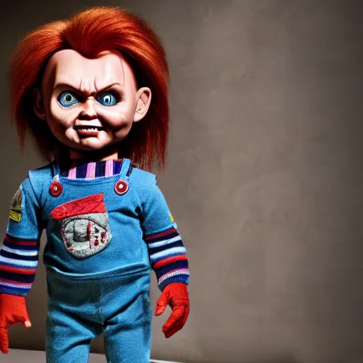 Image similar to Chucky the killer doll from the movie Child's Play being held by Mr. Rogers 8k hdr