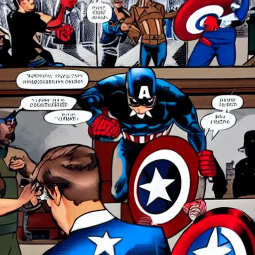 Image similar to captain america fighting the customers in a british pub