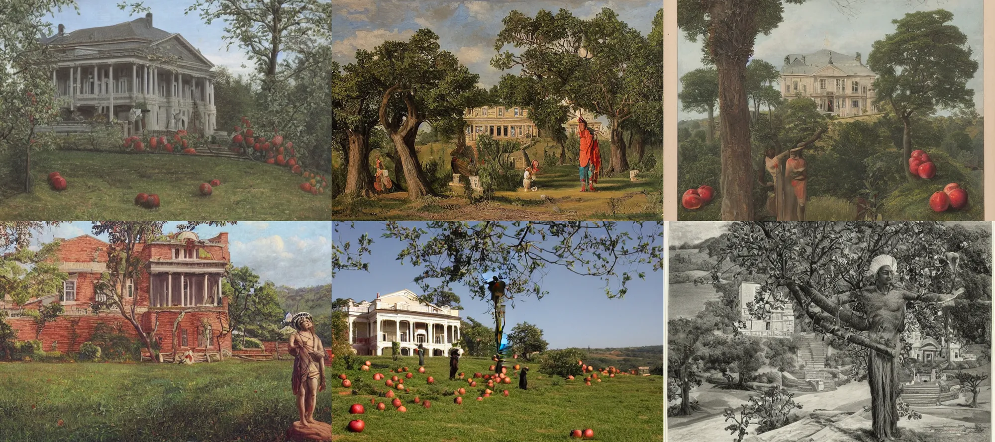 Prompt: classical realism, apples on trees on top of hill, Indian Chief in foreground, big colonial house in background