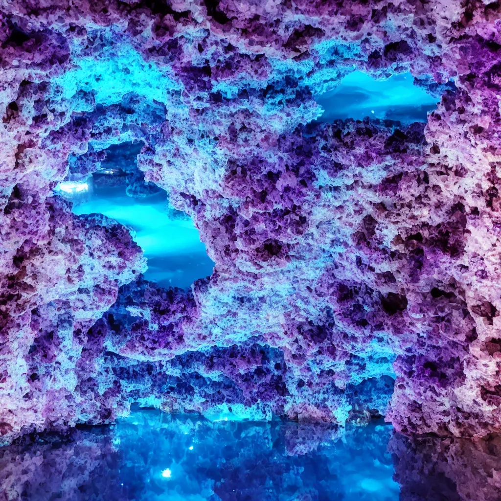 Prompt: An underground lake with pristine blue water, purple crystals growing from the ceiling, 4k UHD