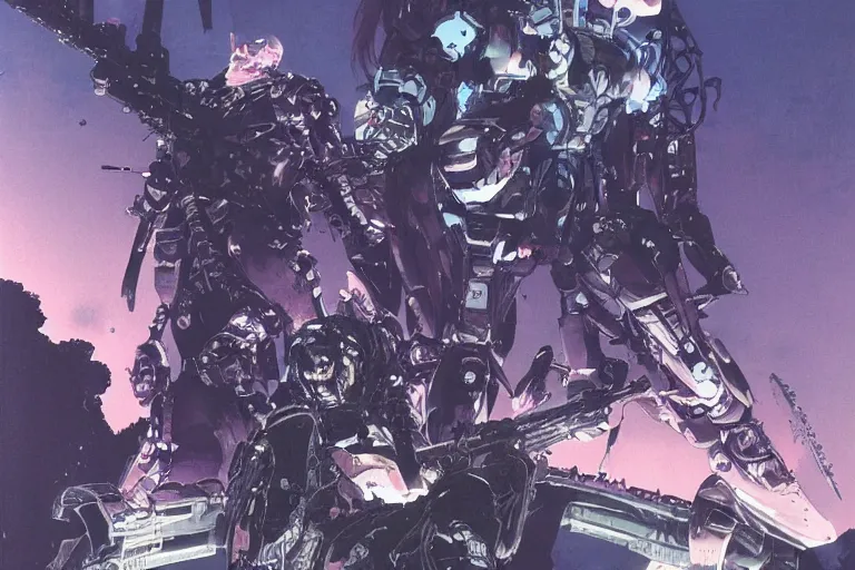 Image similar to boomers from bubblegum at dusk, a color illustration by tsutomu nihei, makoto kobayashi and sh? ji kawamori