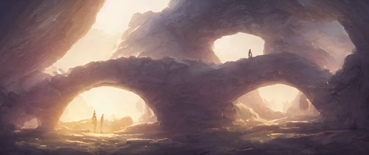 Image similar to field of large man made stone arcs, concept art, digital painting, style of jordan grimmer, warm lighting, futuristic, volumetric lighting, view from below, vivid colours, bright, daytime, godrays, high detail