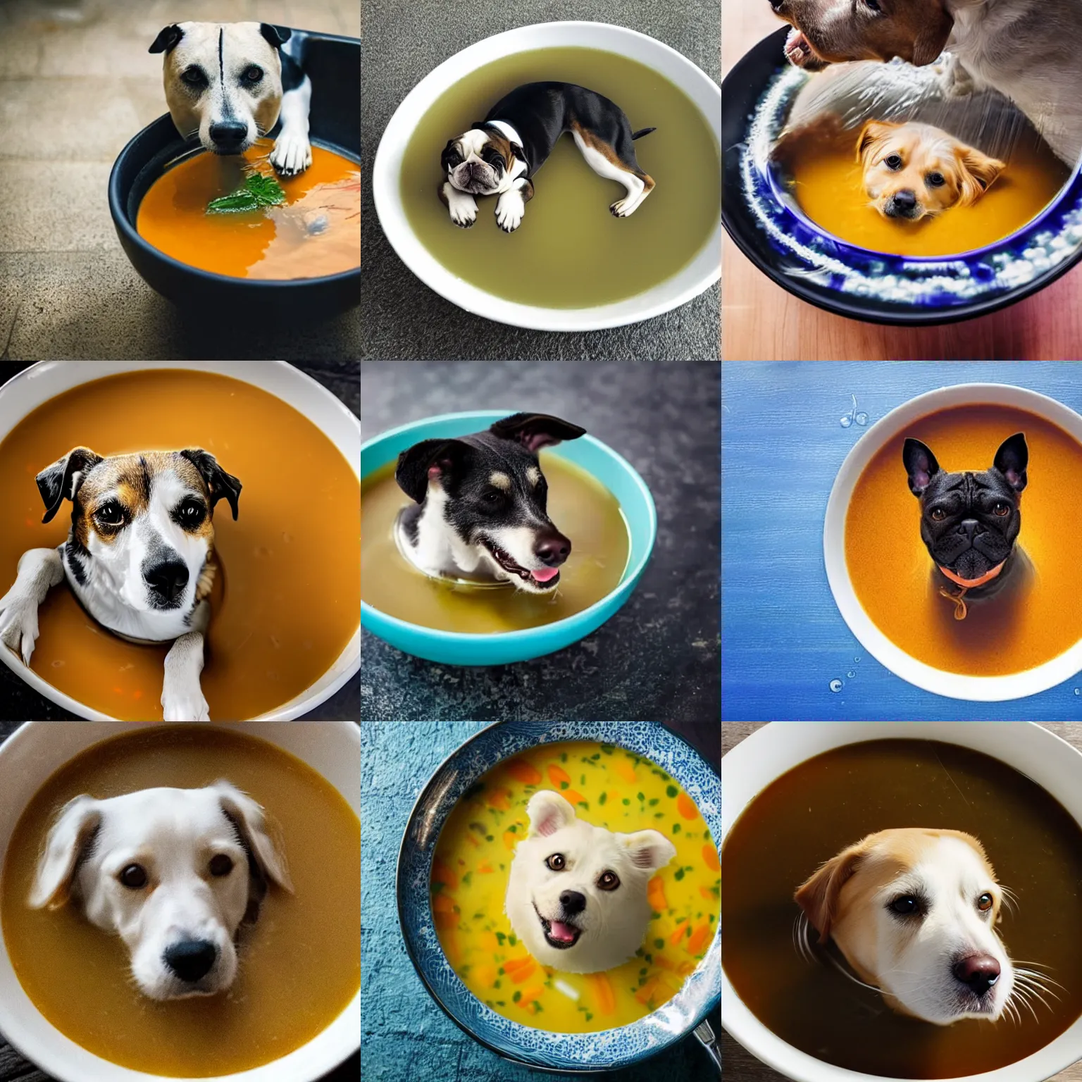 Prompt: a dog swiming in a bowl of soup