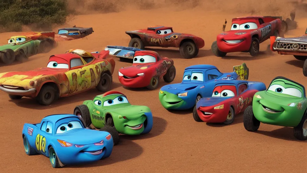 Image similar to pixar cars movie with mad max vehicles