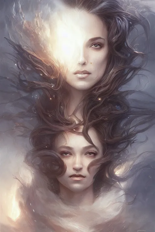 Prompt: dusty wind blowing!!!, dreaming of the void! cinematic volumetric lights, bust portrait, dnd, fantasy, intricate, elegant, highly detailed, digital painting, artstation, concept art, smooth, sharp focus, illustration, art by artgerm and tom bagshaw and greg rutkowski and alphonse mucha