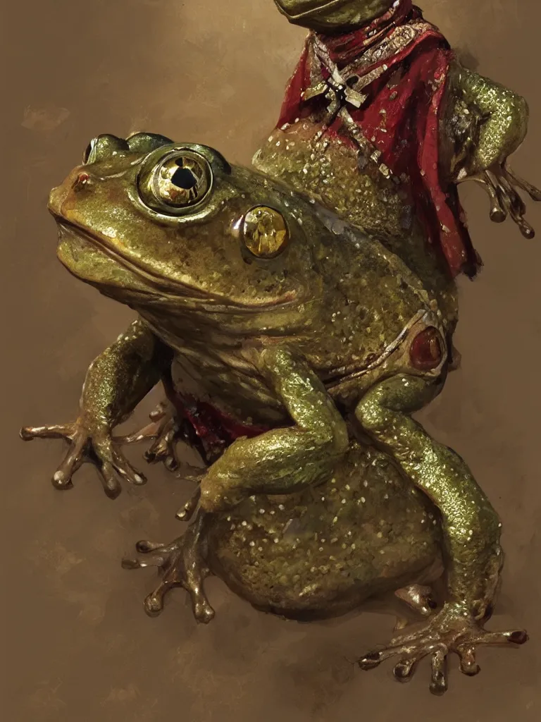 Prompt: Portrait of a medieval humanoid frog dressed in rich clothes and carrying magic trinkets, painted by Craig Mullins, trending on ArtStation